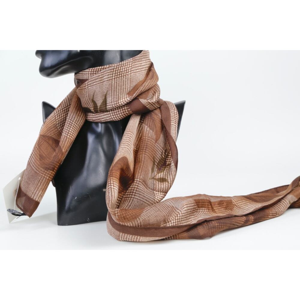 Vintage Halston Scarf Brown Plaid Floral Print Sheer Oblong 60x13